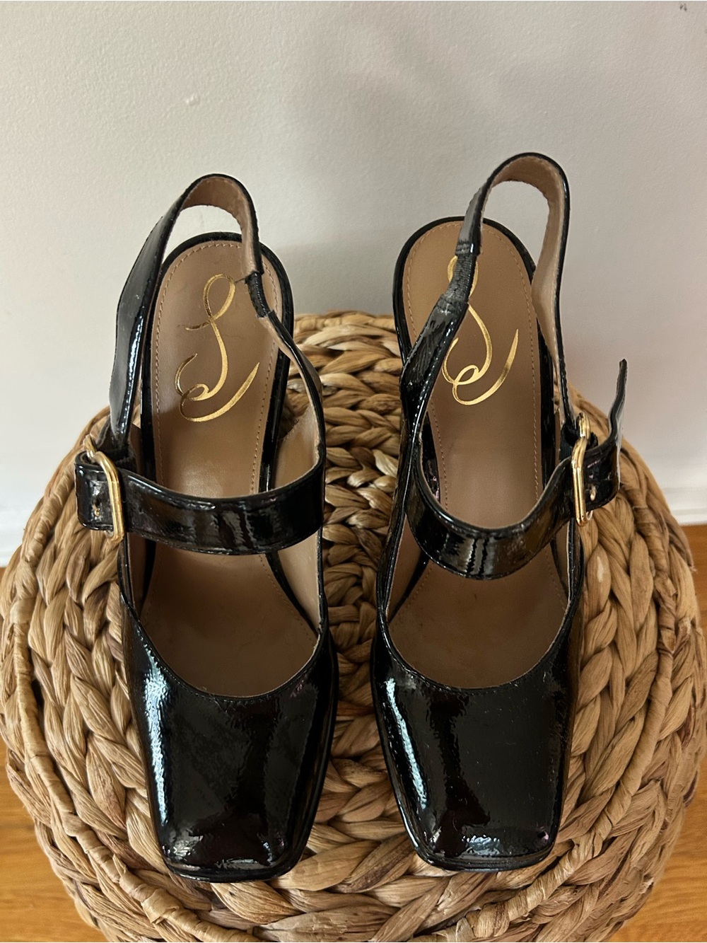 Sam Edelman Black Patent Mary Jane Block Heels with Gold Buckle - Picture 4 of 5